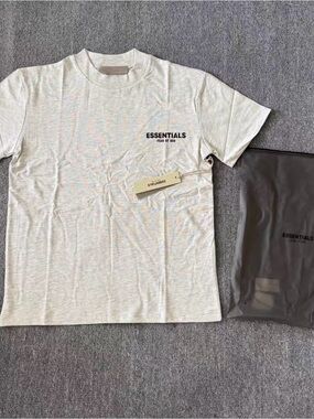 Essentials Men Cream Short-Sleeve Tee with Black Chest Logo